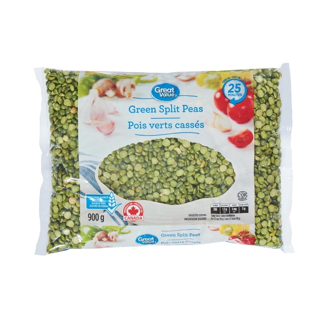 Great Value Pois Fendus Verts Sac de 900 g avec Emballage Transparent Montrant des Pois Fendus Verts Séchés et une Étiquette Blanche Présentant un Bol de Pois, un Temps de Cuisson de 25 Minutes, un logo de Produit Canadien, une source Riche en Fibres et en Fer, Convient aux Soupes et aux Ragoûts
