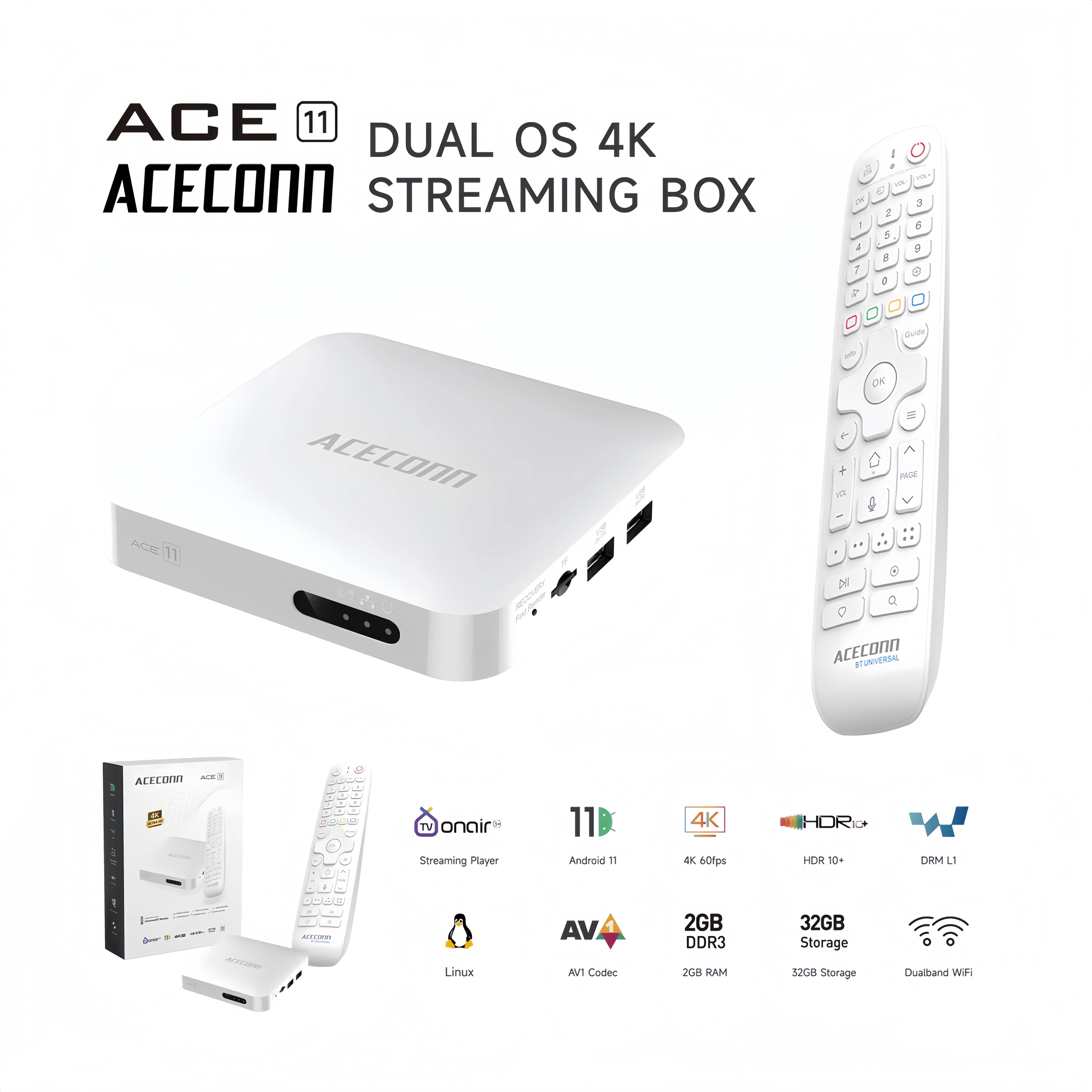 2025 TVPLUS 4K Dual OS(Andriod 11 or Linux ) TV Box ACE11 TVONAIR3 2GB 32GB BT Remote + LIXSUNTEK Ethnet Cable
