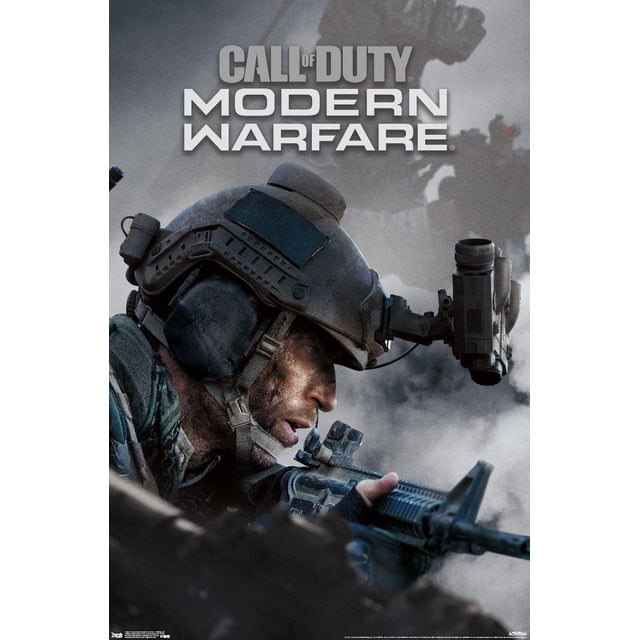 Call of Duty : Modern Warfare - Affiche Murale Multijoueur Représentant un Soldat en Équipement Tactique Tenant un Fusil, Portant un Casque de combat avec Équipement de vision Nocturne Monté, sur un Fond de Champ de Bataille Enfumé avec le Titre du Jeu ci-Dessus.
