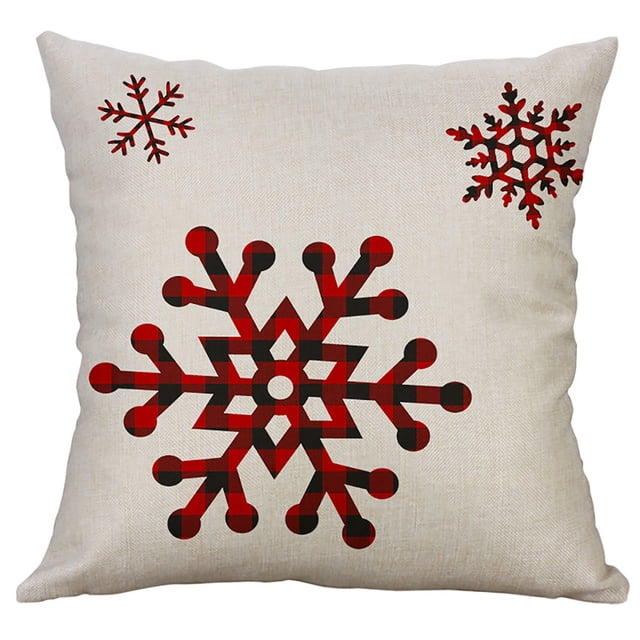 LADIGASU Christmas Sofa Bed Home Decor Case Cushion Cover, a square linen throw pillow cover with festive red and black plaid snowflakes on a beige background. Measuring 45cm x 45cm, it is machine washable, resistant to shrinkage and fading, and perfect for holiday-themed home decor.