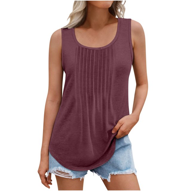Plebaso Débardeurs d'Été pour Femmes Sans Manches Plissés Chemises Amples Col Rond Blouse Décontractée Unie P-5TG