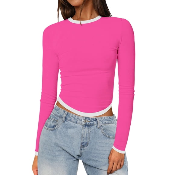 Long Sleeve Blouses for Women Dressy Casual Women’S Slim Tops Long Sleeve Round Neck Crop Top Tee Shirt Basic Solid Tight Slim Fit Cropped Shirt Workout Yoga Long Sleeve Shirts Crop Tops Basic Slim M