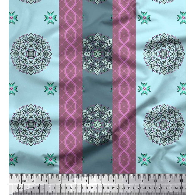 Soimoi polyester Crepe Fabric Stripe & Mandala Decorative Print Fabric by the Yard 42 Inch Wide
