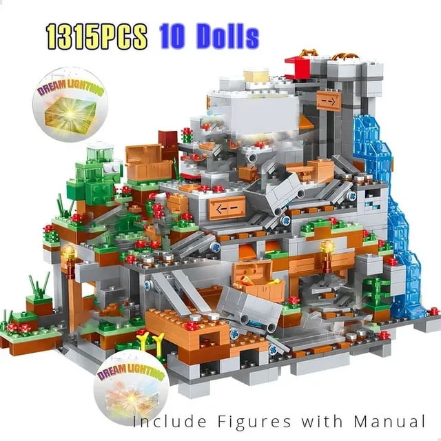 1315pcs The Village Special Edition Building Blocks With Steve Action Figures Compatible My World Set Toy 21138. A detailed construction set featuring a multi-level village design with vibrant green, brown, and gray blocks, including 10 action figures and accessories. The set includes dream lighting effects and comes with a manual for assembly. Made from ABS plastic, it meets European and American toy safety standards. Suitable for creative play and educational purposes.