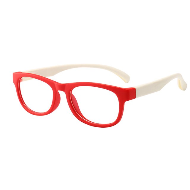 Kids Anti Blue Rays Glasses Light Blocking Eyeglasses Protection Flat Glasses, C6 Red Frame. Designed for children, these full-frame glasses feature a vibrant red TPEE frame with white arms and acrylic AC lenses that block blue light and UV rays, reducing eye strain during computer and phone use. Includes durable one-piece nose pads for added comfort.