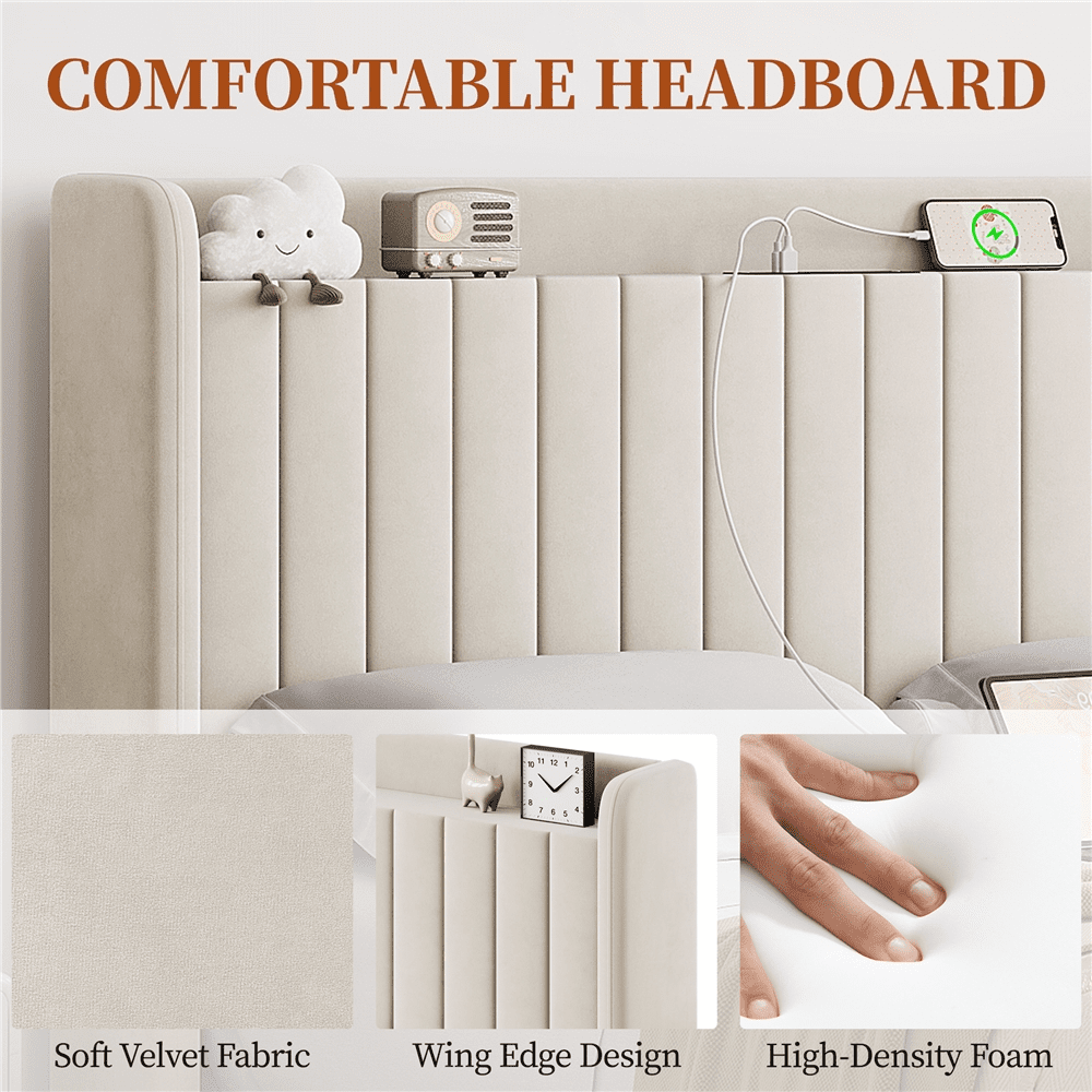 FullFurnique Cadre de Lit Capitonné en Velours avec Prises de Courant et Ports USB, Double, Beige
