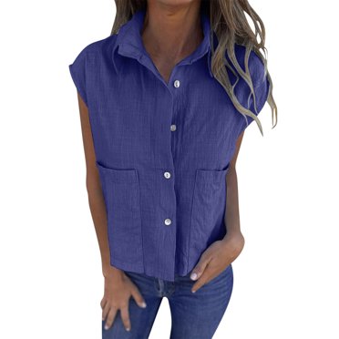 hotojiny Womens Sleeveless Button down Shirt Summer Cotton Linen Collar Tops Lightweight Solid Blouses with Pockets