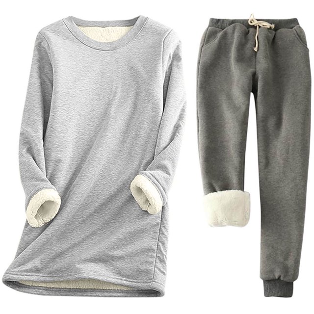 Pisexur Ensembles 2 Pcs pour Femmes Ensembles de Pyjama en Molleton Chaud pour Femmes 2 Pcs Chandail à Col Rond Pantalon de Pyjama Ample Vêtements de Détente Décontractés Tenues d'Hiver Surdimensionnées Grande Taille P-5TG
