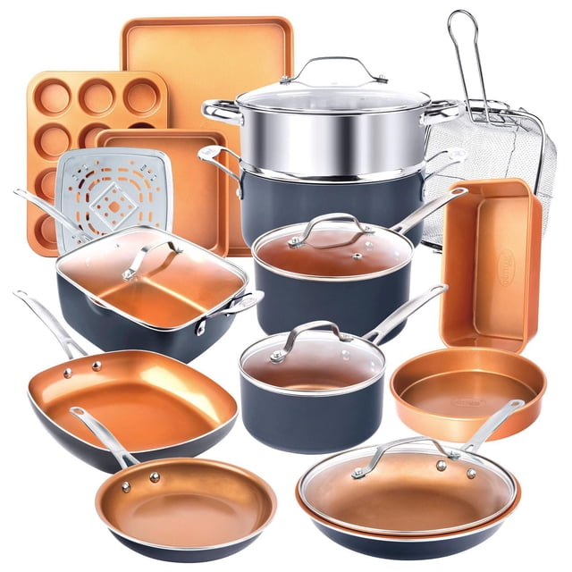 Gotham Steel Ensemble de 20 Pcs de Batteries de Cuisine et de Plats de Cuisson en Céramique Antiadhésive avec Couvercles, Va au Lave-Vaisselle et au Four, Comprenant des Casseroles, Poêles, Plats de Cuisson et Accessoires Revêtus de Céramique Noire et Cuivre, Y Compris des Couvercles en Verre, un Panier Vapeur, un Panier à Frites, un Plateau à Muffins et Diverses Plaques de Cuisson, Conçu pour un Chauffage Uniforme et un Nettoyage Facile au Lave-Vaisselle.