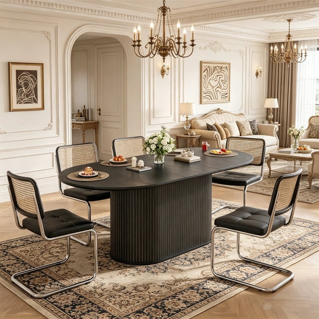 55.11"-70.86" Extendable Oval Dining Table With Striped Legs, For Dining Room, Kitchen, Living Room,Black