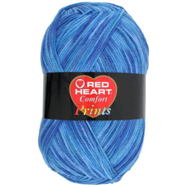 Red Heart® Comfort® Yarn, Prints, Acrylic #4 Medium, 12oz/340g, 649 Yards, variegated blue acrylic yarn ball with a black label featuring the Red Heart logo and multicolored 'Prints' text, suitable for knitting, crochet, and ideal for cozy throws and blankets.