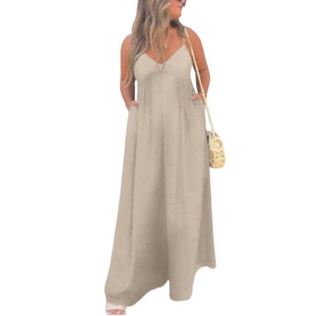 Innerwin Combinaison Longue Col en V Profond Femmes Combinaisons Vacances Sans Manches Décontracté Pantalon Large Abricot L