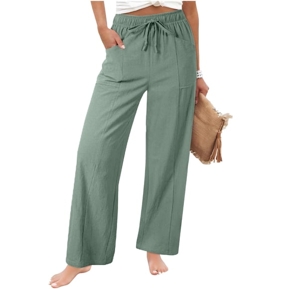 Nfurl Women's Cotton Linen Pants with Pockets Casual Elastic Waist Summer Pant Loose Fit Flowy Work Trouser Pants Ladies Linen Pants Mint Green XL