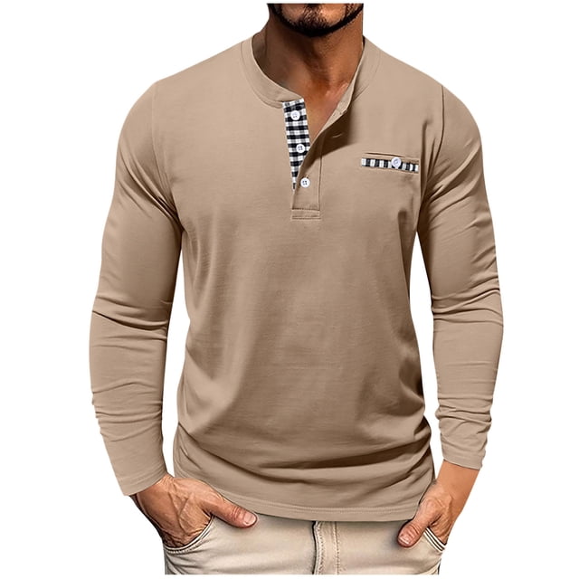 Ohufall Cotton T-Shirts for Mens Solid Color Plaid Front Pockets Henley Tops Breathable Plus Size Long Sleeve Tees, Size S-3XL