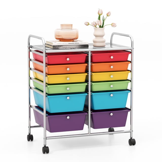 Costway 12 Drawers Rolling Cart Storage Scrapbook Paper Studio Organizer Bins in multicolor. The cart features a sturdy chrome-finished metal frame with 12 removable plastic drawers, including 4 large and 8 small drawers in vibrant colors. It has two tall handles for easy maneuvering and four caster wheels, two of which lock for stability. The cart is ideal for organizing art supplies, office materials, or household items. Dimensions are 25 inches by 15 inches by 29.5 inches.