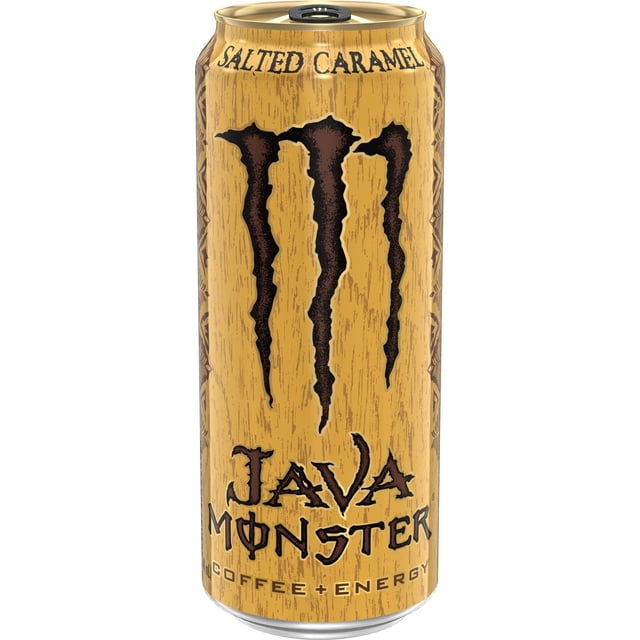 MONSTER ENERGY Java Salted Caramel 444mL can with a caramel textured background and black claw-style Monster logo, featuring 'Salted Caramel' text at the top and 'Java Monster Coffee + Energy' branding below, a caffeinated energy drink popular for its salted caramel coffee flavor.