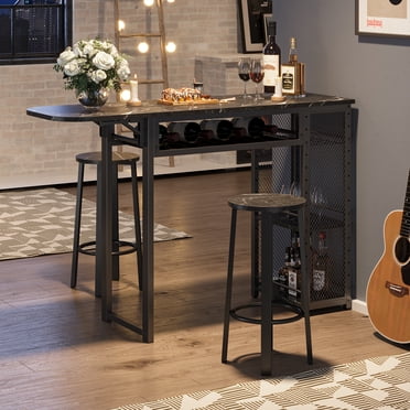 Bestier 3 Piece Bar Table Counter Height Pub Kitchen Dining Table Set in Black Marble