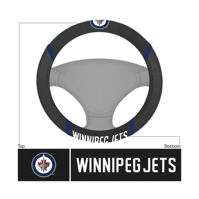 NHL Winnipeg Jets Steering Wheel Cover made of black faux suede and mesh with blue accents, featuring embroidered Winnipeg Jets logo at the top and team name at the bottom, 15-inch diameter fits most vehicles, enhancing grip and comfort in all seasons.
