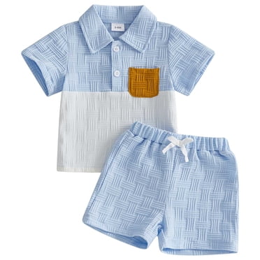 Splozh Ensemble de Shorts pour Tout-Petits Garçons Bébé, Tenues d'Été pour Tout-Petits Bébé, Hauts à Manches Courtes à Col à Revers Brodés, Ensemble de Shorts, Vêtements Décontractés pour Petit Garçon, Bleu, 3-6 Mois