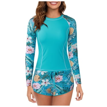 Kcodviy Women 2 Piece Long Men's Guard Swim Shirt Sleeve Rash Guard with Swim Guard Built in Bra Swimsuits Short Sleeve Guard Mens Upf 50+ Swim Shirt Guards for with Boyshort Bottom