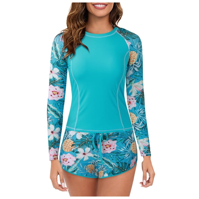 Kcodviy Women 2 Piece Long Guard Long Sleeve Rash Guard with Guard Plus Size Women Built in Bra Swimsuits Short Sleeved Guard Upf 50+ Swim Shirt Guard Shirt with Boyshort Bottom