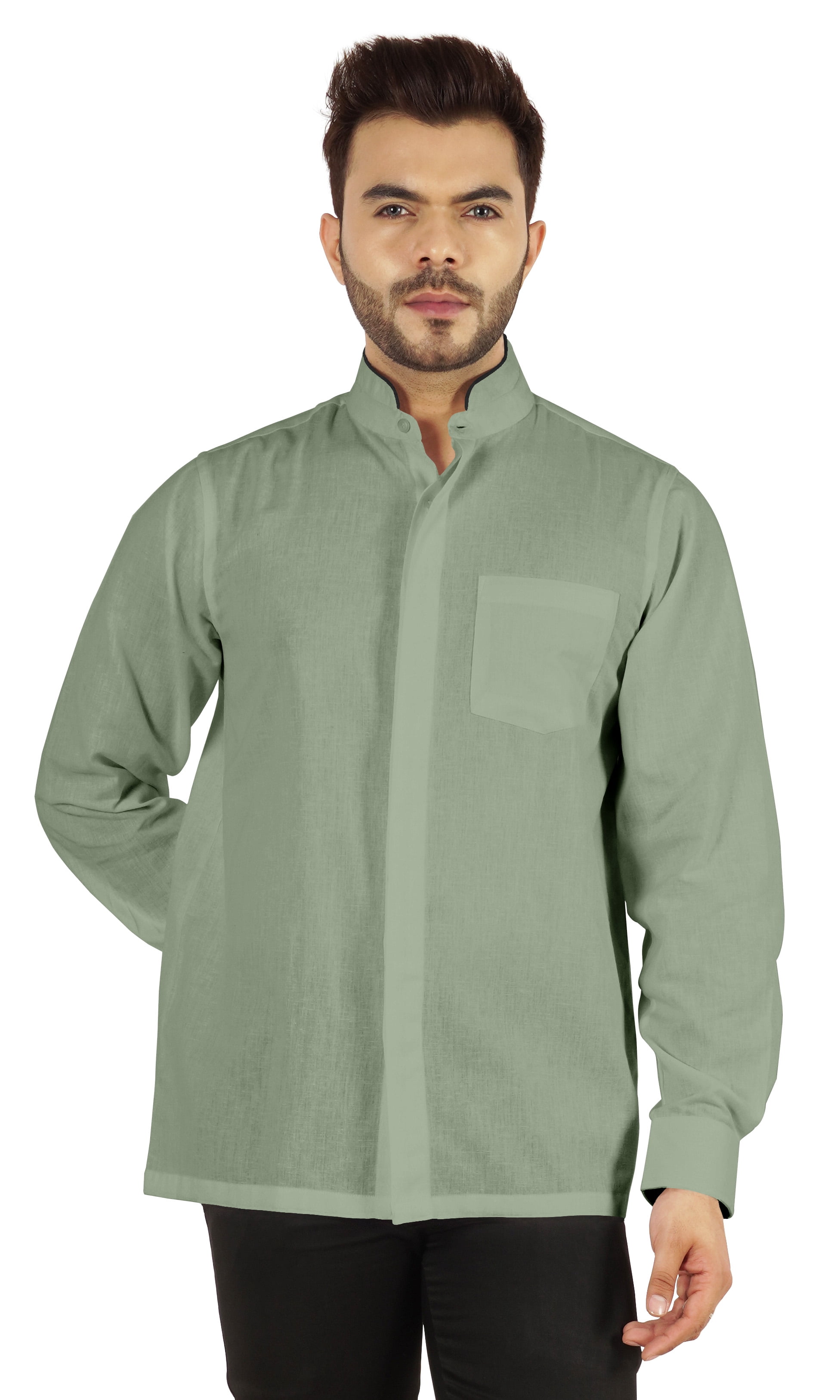 Bestman Solid Long Sleeve Shirt For Mens Front Double Button Placket Chinese Collar Shirt