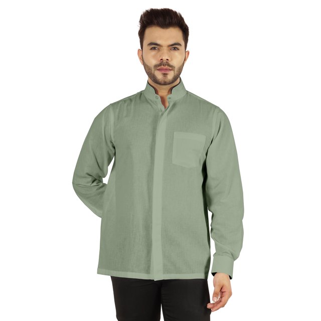 Bestman Solid Long Sleeve Shirt For Mens Front Double Button Placket Chinese Collar Shirt