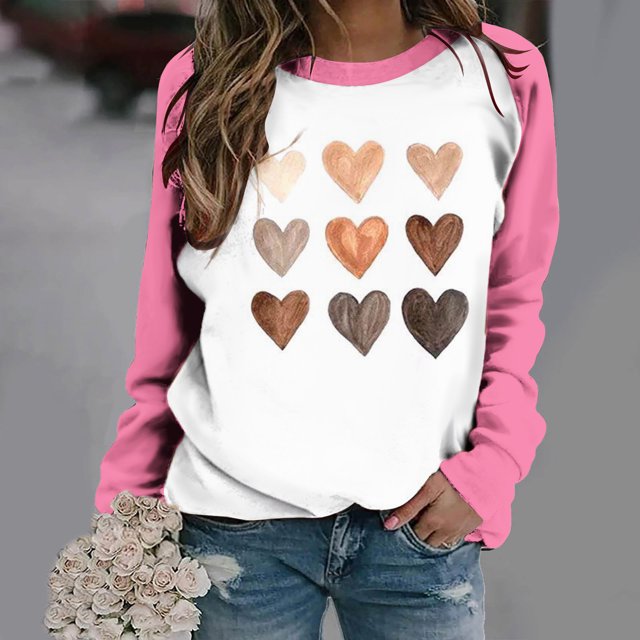 Qertyioot Chandail Cœur d'Amour Saint-Valentin Grande Taille, Haut à Manches Longues Imprimé pour Femmes Mode Haut Décontracté Col Rond Hauts