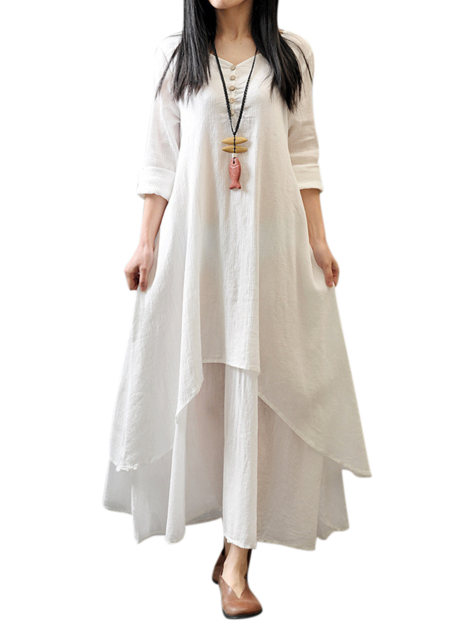 HIMONE Long Sleeve Solid Color Tunic Dress For Lady V-Neck Button Down Maxi Dress Womens Ruffle Pleated T Shirt Dress Irregular Hem Fake Two Piece Dress Plus Size