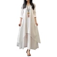 thumbnail image 1 of HIMONE Long Sleeve Solid Color Tunic Dress For Lady V-Neck Button Down Maxi Dress Womens Ruffle Pleated T Shirt Dress Irregular Hem Fake Two Piece Dress Plus Size, 1 of 3