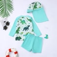 thumbnail image 3 of Product Classification Boys Swimwear Set Featuring Dinosaur Print Long Sleeve Rash Guard Swim Shirt with Swim Trunks and Hat for Summer Beach Pool, 3 of 8