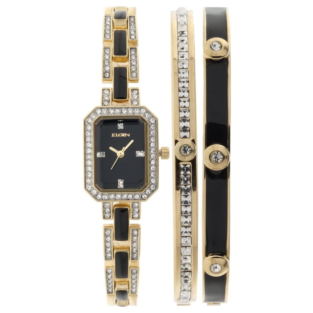 Elgin Ladies' Black and Gold Tone Crystal Accented Watch with Black Dial and Two Bangle Set