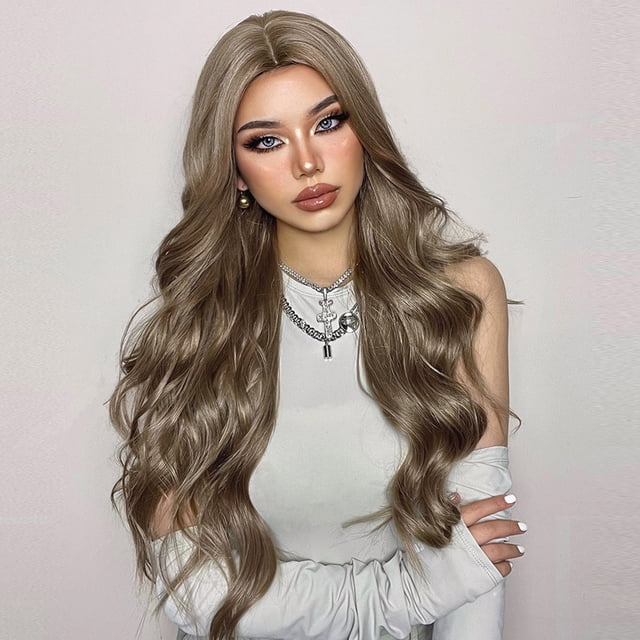 Graflsoa Perruque Synthétique Ondulée Longue Élégante pour Femmes, Sans Frange, Fibre Résistante à la Chaleur, Brun Clair, Inclut Filet à Cheveux Noir, Modèle LC041-1