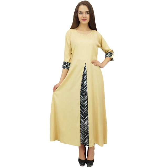 Bimba Robe Kurta Indienne en Rayonne Beige avec Foulard Kurti - 12