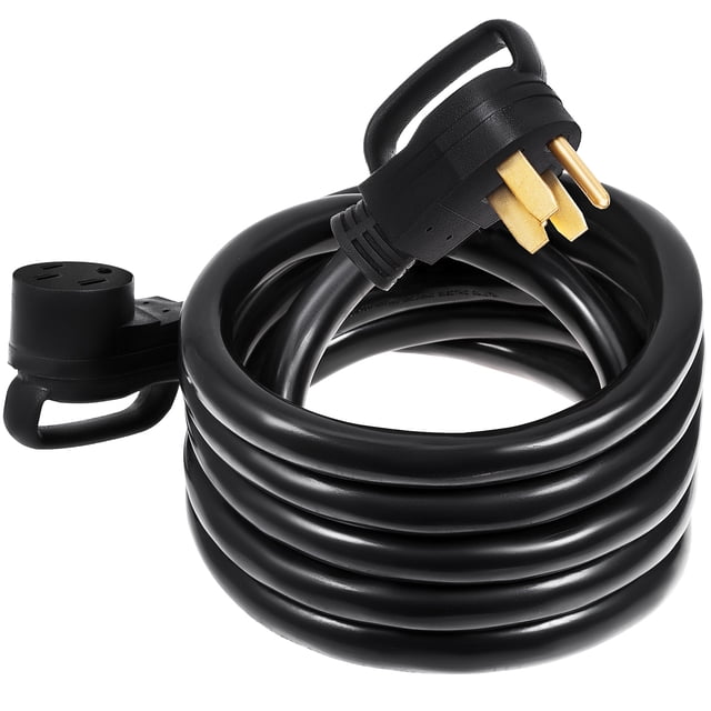 VEVOR Rallonge de VR de 50 Pi 50 Amp avec Gaine en PVC Noir durable à Propriétés Ignifuges et Résistantes à la Chaleur. le Cordon Comprend une Fiche Mâle de 50 Amp et un Connecteur Femelle de 50 Amp avec Poignées Ergonomiques pour une Prise et un Brancher Facilement. Fabriqué avec un Câblage en Cuivre Pur pour une Haute Conductivité, Il Est Enroulé Soigneusement et Comprend un Organiseur de Cordon Ajustable et une Sangle de Transport pour un Rangement Pratique. Convient aux VR, Remorques, Autocaravanes et à une Utilisation Extérieure sur les Terrains