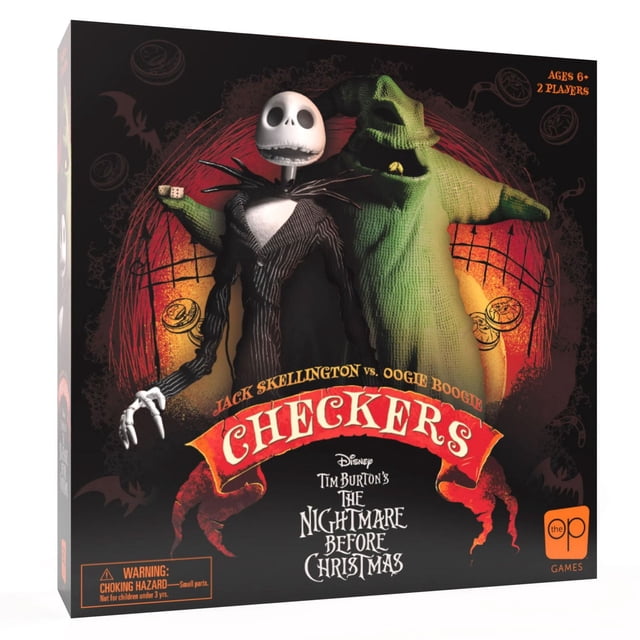USAopoly Checkers: Disney Tim Burton The Nightmare Before Christmas board game box featuring Jack Skellington and Oogie Boogie on a red and black checkerboard background, designed for 2 players ages 6 and up in this classic Halloween-themed strategy game.