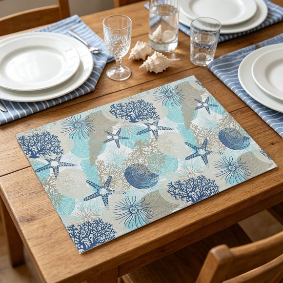 Dvkptbk 4 Styles Coastals Placemats Nautical Seahors Turtle Seashell Starfishs Corals Print Heatresistant Table Mats for Dining Table Decor