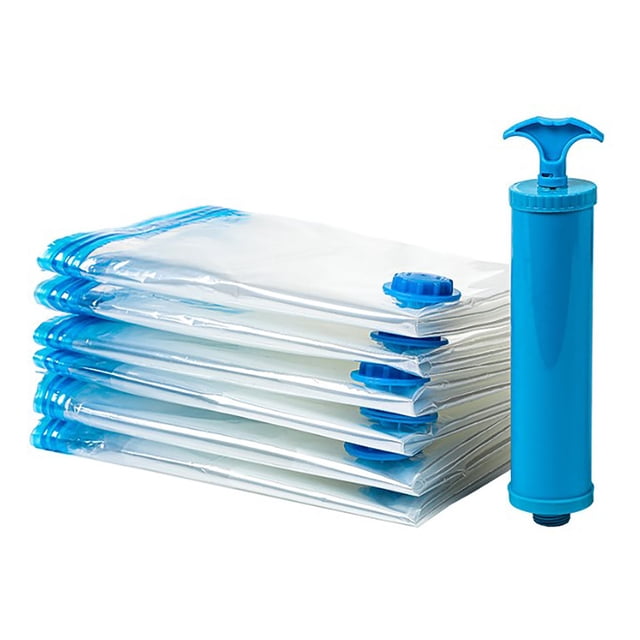 Vacuum Compression Storage Bags with Hand Pump, 8-piece set by Gashome. Includes durable, reusable vacuum storage bags made of PE and PET material, measuring approximately 50x35cm (19.7x13.8in). Features a user-friendly design with good sealing performance to protect items from dust, moisture, insects, and odours. Comes with a medium-sized manual pump for easy vacuum sealing.
