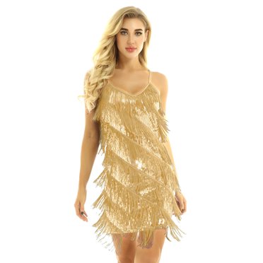 TSSOE Robe de Danse Latine Salsa pour Femmes à Paillettes Franges Cocktail Costume Soirée Clubwear Or Taille Unique