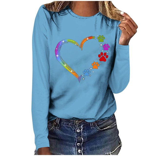 Pisexur Hauts d'Automne pour Femmes Mode Mignon Cœur Graphique Imprimé T-Shirt Hauts Col Rond Manches Longues Chemises pour Femmes Habillées Décontractées Sorties Hauts Confort Polyvalent Léger T-Shirts