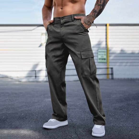 Fankiway Men's Workwear Pants Outdoor Button Waist Straight Leg Casual Pocket Comfort Trousers Dark Gray M