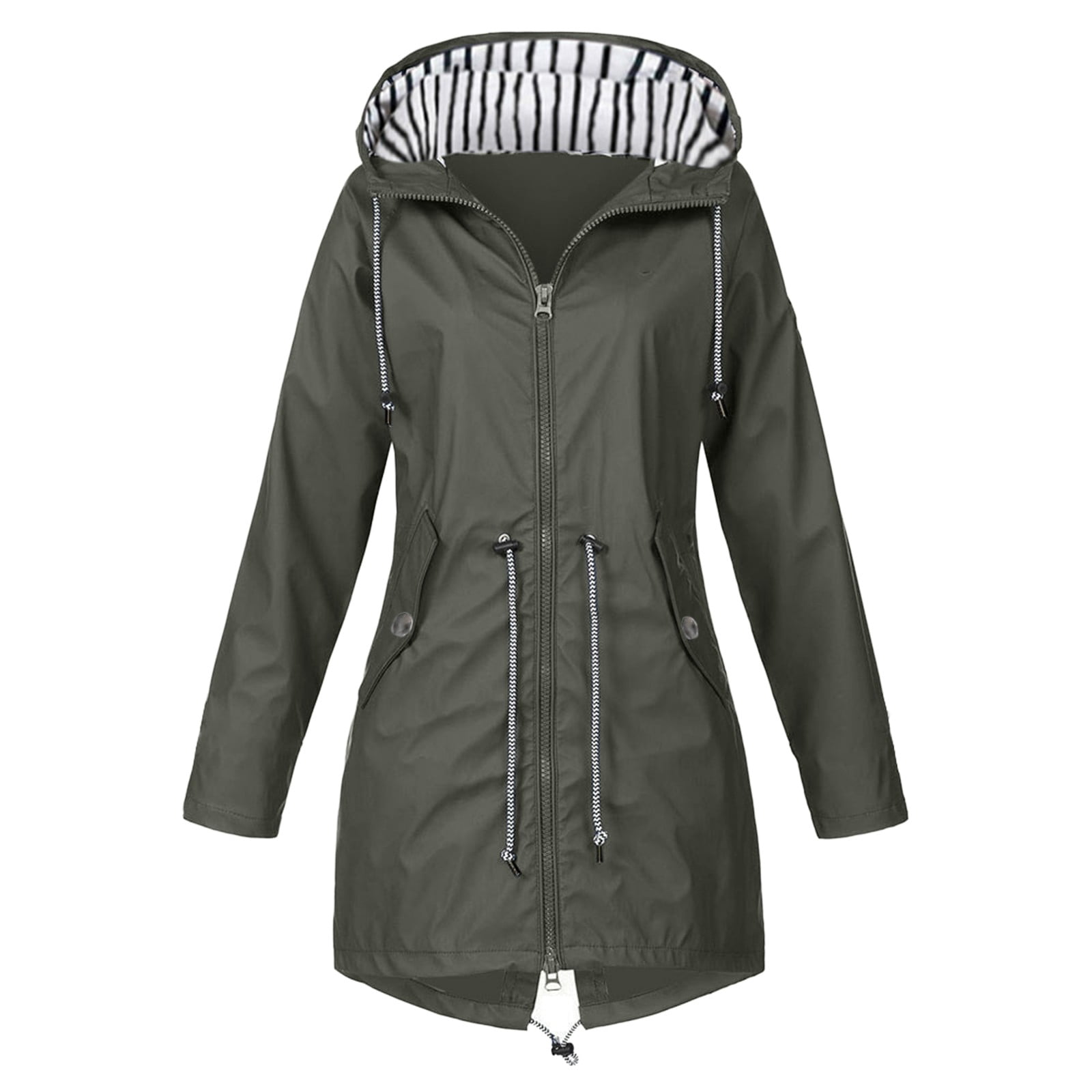 Kcodviy Womens Rain Jacket with Plus Size Rain Coats for Women Hood Lightweight Long Sleeve Layering Jacket Windbreaker Zip Up Drawstring Winter Jackets for Women Raincoat with Pockets