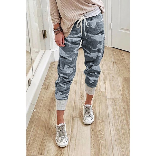Pantalon de Sport en Tricot à Imprimé Camouflage Gris pour Femmes