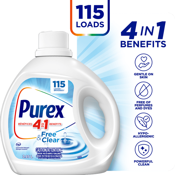 PurexMD Free & ClearMD, Détergent à lessive liquide concentré hypoallergénique, 3,85L, 115 brassées