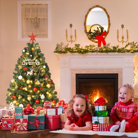 GOGRANT Arbre de Noël Artificiel Pré-Illuminé de 4,5 Pi, Arbre de Noël Vert Intégral avec Lumières DEL Bicolores, Branches Articulées, Support Métallique Pliable, PVC Ignifuge, Déco des Fêtes pour la Maison et le Bureau