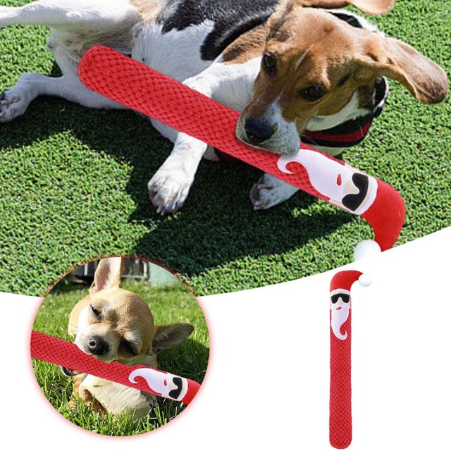 Festival Themed Long Lasting Dog Chew Toy for Aggressive Chewers, featuring a durable 43cm design with a red Santa-themed pattern. Made from TPR and fabric, it promotes teeth cleaning and gum health while withstanding aggressive chewing. Suitable for medium to large breed dogs, it offers interactive play and anxiety relief. Shown in use by dogs on grass.