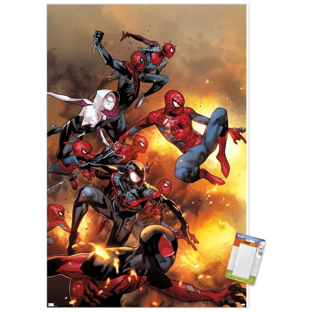 Marvel Comics - Spider-Verse - The Amazing Spider-Man #13 Affiche Murale, 22,375 Pouces x 34 Pouces Encadrée Représentant Plusieurs Personnages Spider-Man dans Diverses Tenues, Incluant costume Classique Rouge et Bleu, Noir et Rouge et Blanc à Capuche, Posé Dynamiquement sur un Fond orange et Jaune Ardent, Convient pour l'Art Mural dans les Chambres, Bureaux Ou Dortoirs.