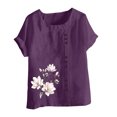 thumbnail image 4 of QATAINLAV Chemises en Lin Grande Taille pour Femmes Décontractées Coupe Ample Col Rond T-Shirt Mode Imprimé Floral Blouse à Manches Courtes 2025 Rabais de 90 % Liquidation Violet TG, 4 of 5