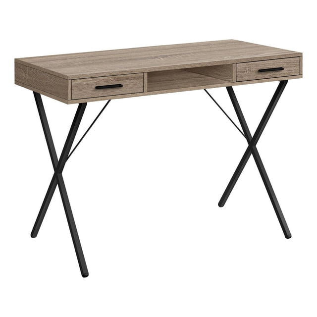 Monarch Specialties computer desk with a 42-inch dark taupe wood-look laminate top, two storage drawers, and black metal X-shaped trestle legs, ideal as a compact writing table or study center for small home offices and apartments.