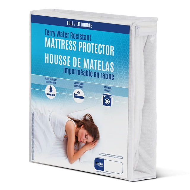Terry Water Resistant Mattress Protector full size packaging featuring a white zippered mattress cover with a blue label that highlights water resistant, comfortable, and washable features, accompanied by an image of a person resting on a bed to demonstrate comfort and mattress protection.